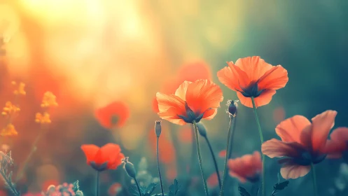 Poppies photographed against bokeh background with warm daylight