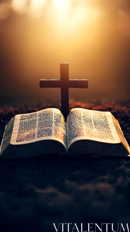 Sunlit wooden cross rising above open Bible at dusk.
