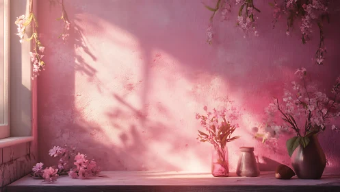 Soft pink still life with blossoms and window light.