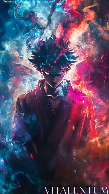 Mystic warrior channels dual elemental flames in neon storm.