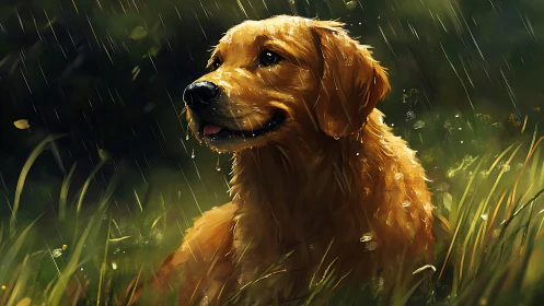 Golden retriever rendered in painterly rain-soaked backlighting