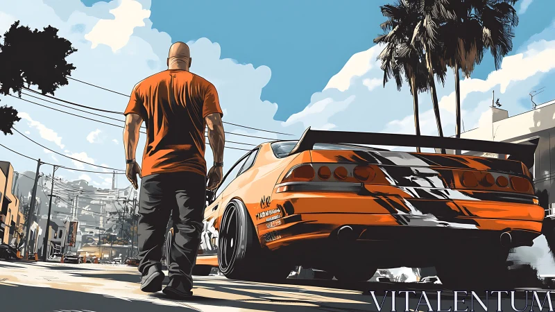 Dynamic street racer with rear-angle hero framing illustration.
