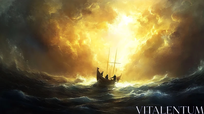 Storm-tossed rowboat silhouettes against luminous turbulent sky core