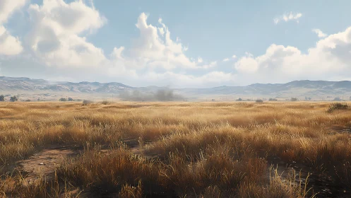 Golden grassland plain extends toward distant mountain range