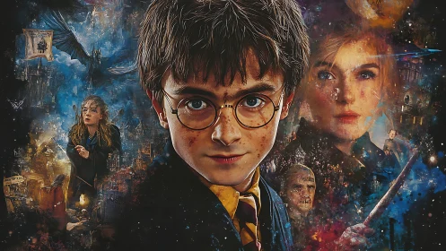 Central sorcerer portrait composes layered cinematic fantasy collage