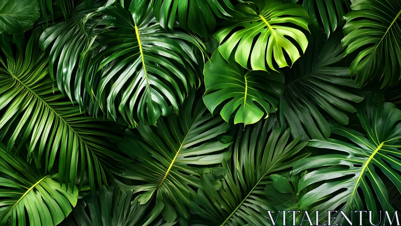 Lush tropical foliage pattern with layered green leaves.