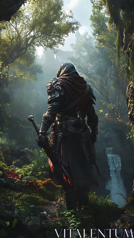 Hooded armored figure standing in dense forest near waterfall.