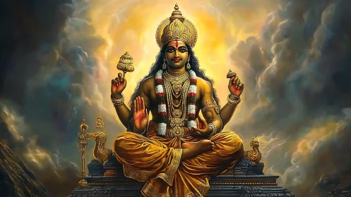 Radiant divine deity seated in swirling celestial stormlight.