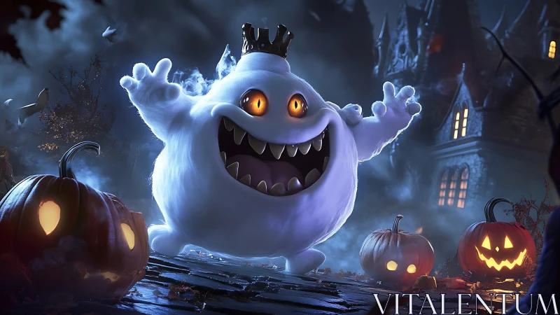 Friendly ghost king dancing through a cozy Halloween night.