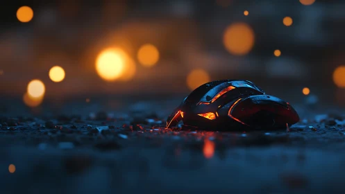 Futuristic gaming mouse on wet ground with blurred lights.