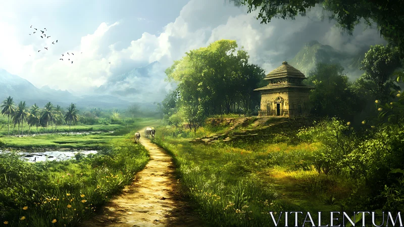 Ancient stone temple beside lush valley path at dawn