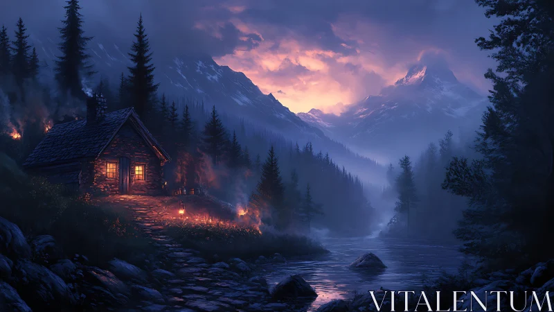 Mountain cabin at dusk with glowing river and storm-lit sky.