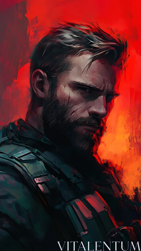 Scarred tactical warrior amid blazing crimson backdrop.