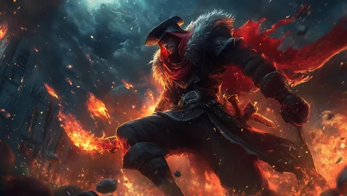 Fire warrior strides through burning battlefield scene