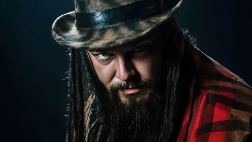 Low-key portrait of intense bearded man in distressed fedora