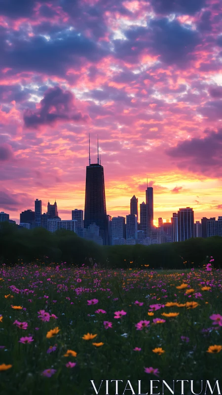 Vertical city skyline at sunset above wildflower meadow field