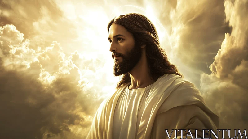 Radiant robed figure in backlit celestial cloudscape portrait.