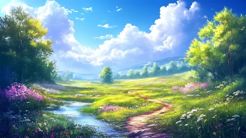 Sunlit wildflower meadow with stream under cumulus sky