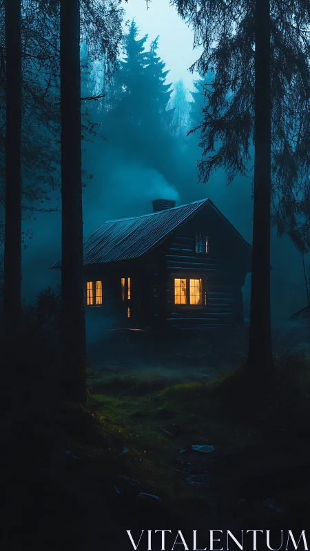 Illuminated Forest Cabin in Twilight Woodland Setting.