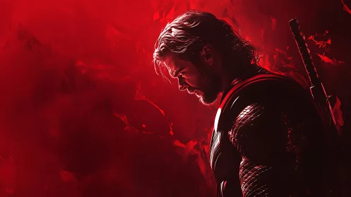 Armored warrior in profile against crimson atmospheric void