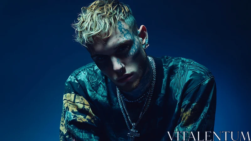 Moody tattooed musician in blue-toned dramatic lighting.