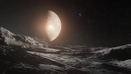 Quiet lunar horizon glowing softly under distant starlight.