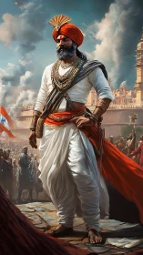 Majestic warrior leader before stormy fort battlements.