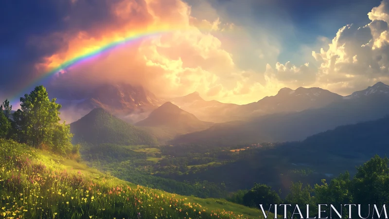 Rainbow hush over sunlit mountains and wildflower valley.
