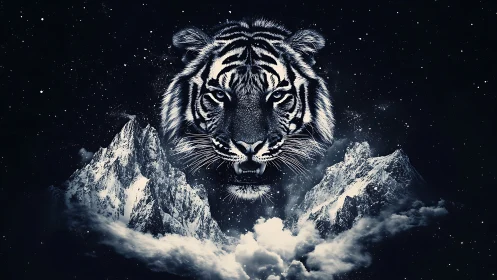 Monochrome tiger head above snowy mountains at night.