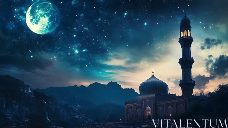 Moonlit mosque beneath dreamy stars and quiet mountains.