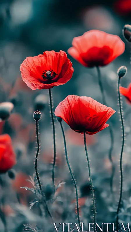 Crimson Poppies Dancing Through Ethereal Mist.
