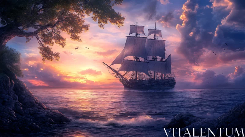 Sailing ship on calm sea under vivid sunset sky.