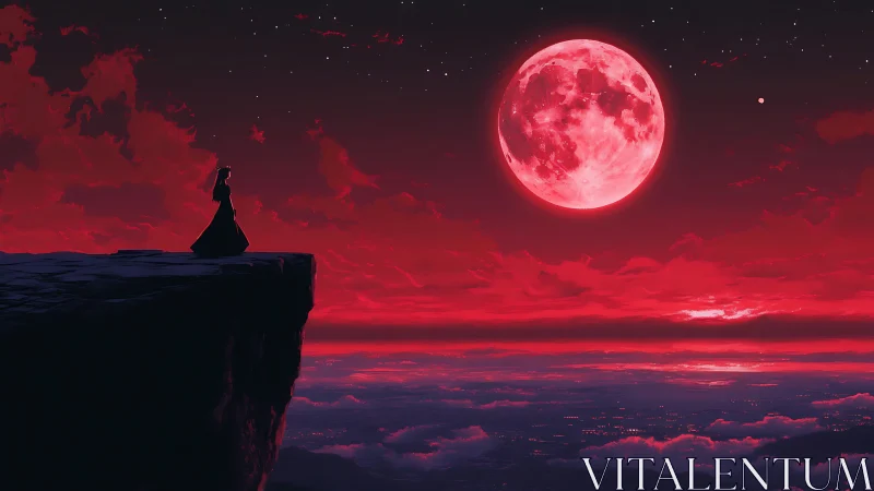 Solitary figure on cliff beneath luminous crimson moon.
