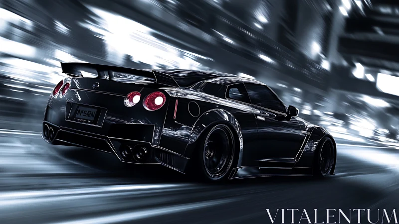 Black sports coupe accelerates through blurred city lights at night