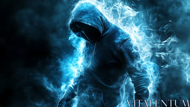 Hooded spectral figure engulfed in electric cyan firestorm.