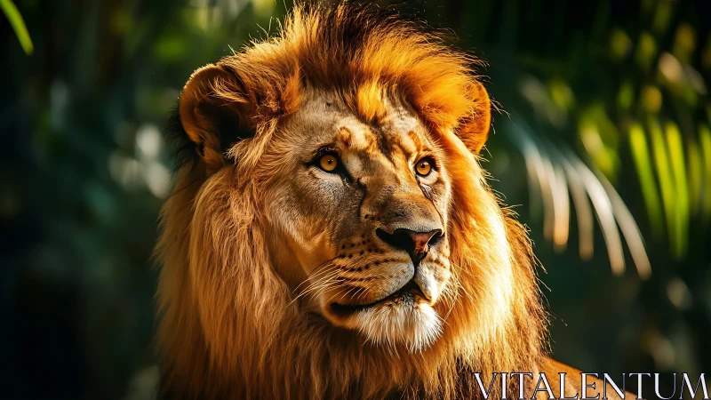 Male lion portrait captures sunlit mane in sharp focus