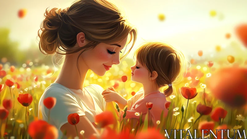 Woman and Child in Flowering Field at Golden Hour.