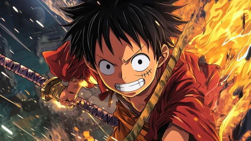 Dynamic anime warrior lunges forward, fire-lit motion blur scene