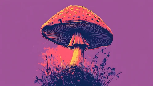 Psychedelic fly agaric illustration in neon duotone palette.