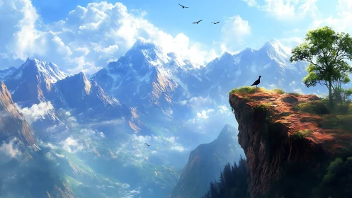 Quiet cliffside lookout above sunlit dreamlike peaks.