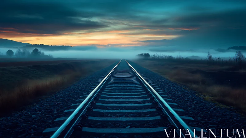 Railway perspective cutting through mist at cinematic dusk.