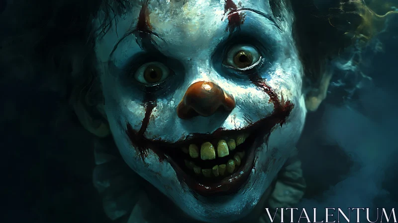 Nightmare carnival clown grinning through fog and madness.
