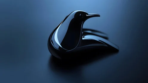 Sleek black minimalist bird sculpture on blue background, modern style.