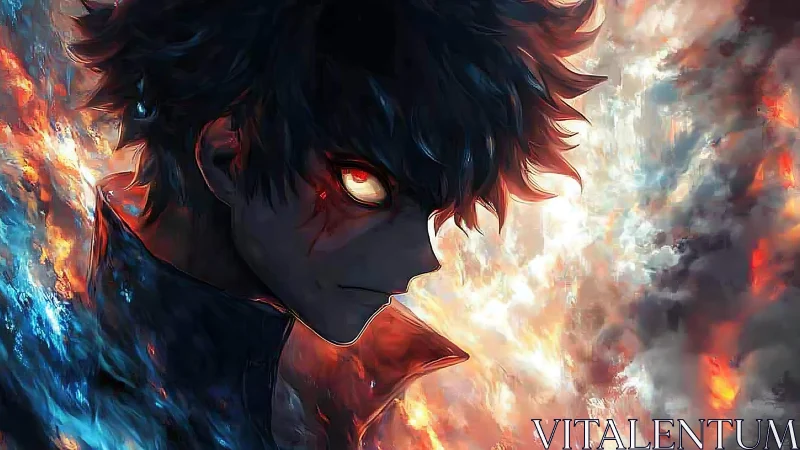 Anime inferno portrait with asymmetric fiery composition.