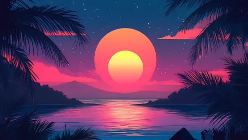 Neon tropical bay at sunset with dual concentric sun discs