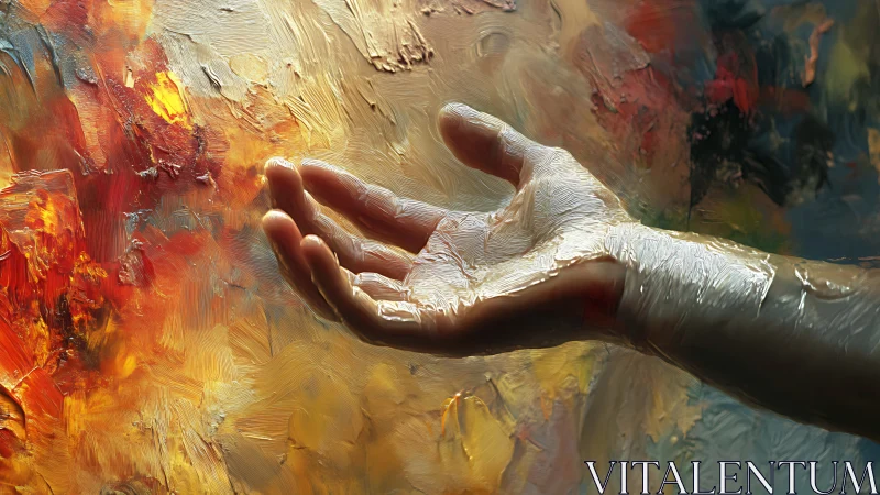 Outstretched hand glides through molten abstract light.