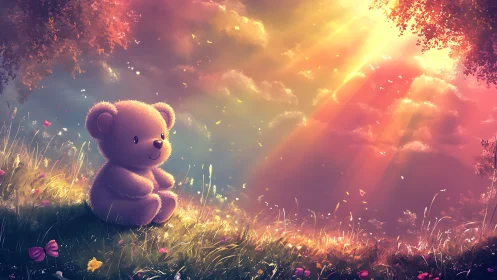 Digital painting of plush bear in radiant twilight meadow.