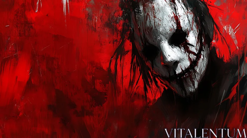 Haunting masked figure drifting through a storm of red paint.