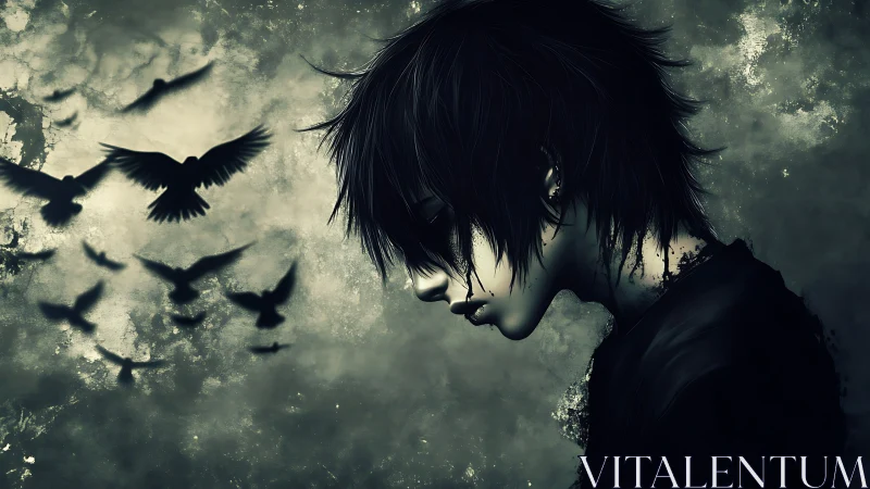 Shadowed dreamer bows gently as dark birds rise around