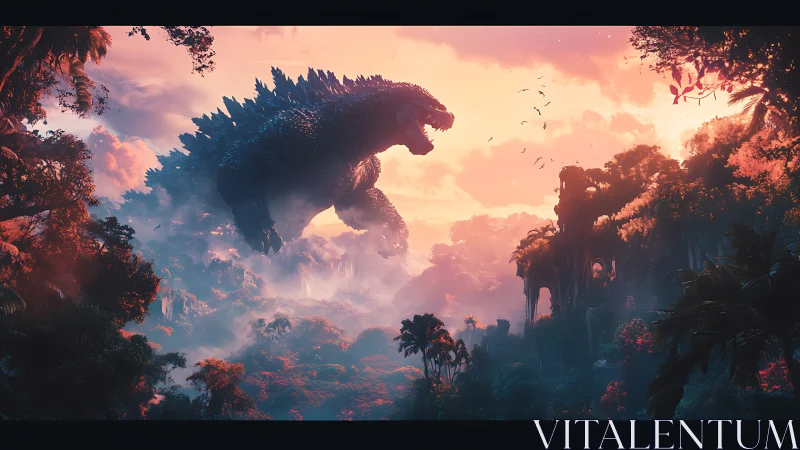 Colossal reptilian titan strides through glowing jungle dawn.